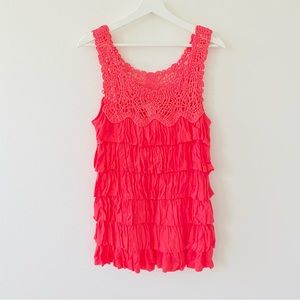 LaSeine Women’s Tiered Ruffle Bold Orange-Red Sleeveless Top NEW